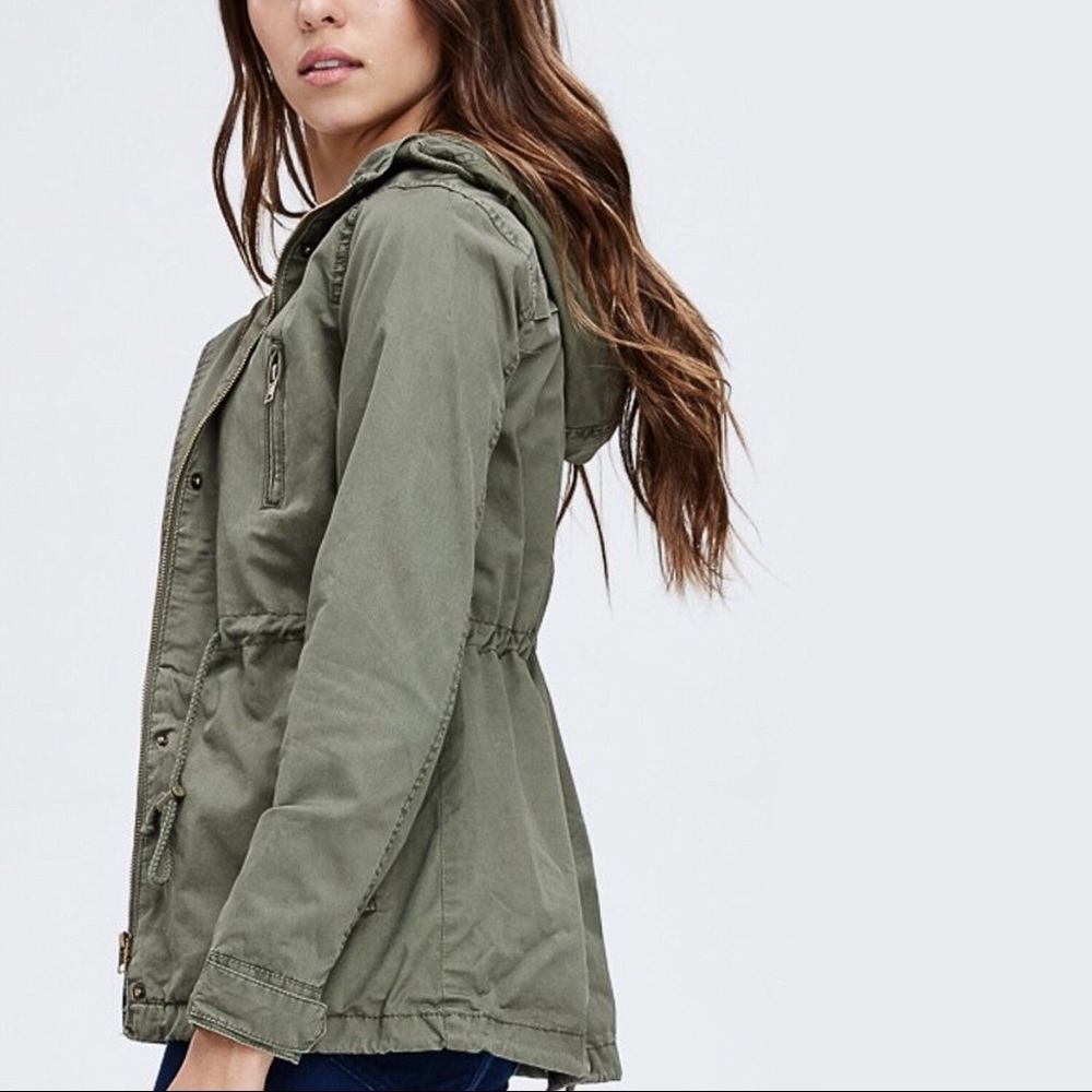 Pocketed Utility Jacket with Hoodie, Olive - Picture 2 of 7